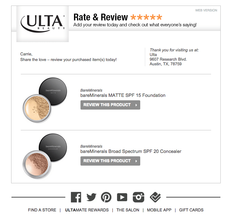 WooCommerce follow up email example Ulta Beauty