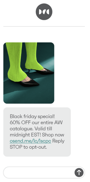 Text abbreviations: A promotional message featuring a photo of a person wearing neon green leggings and black heels, advertising a Black Friday special of 60% off the entire AW catalogue, with a link to shop and opt-out instructions.
