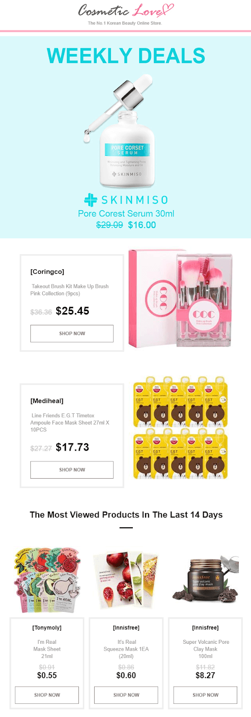 Retail marketing: A promotional flyer for Cosmetic Love features weekly deals on Korean beauty products, including serums, brush kits, sheet masks, and popular items with images, prices, and shop now buttons against a white background.