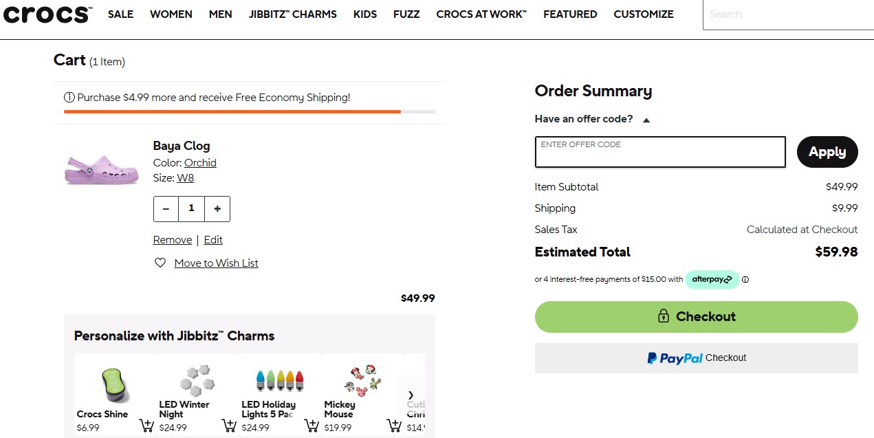 Shopify conversion rate optimization: crocs checkout page