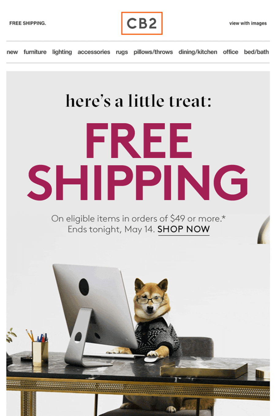 free shipping email from cb2