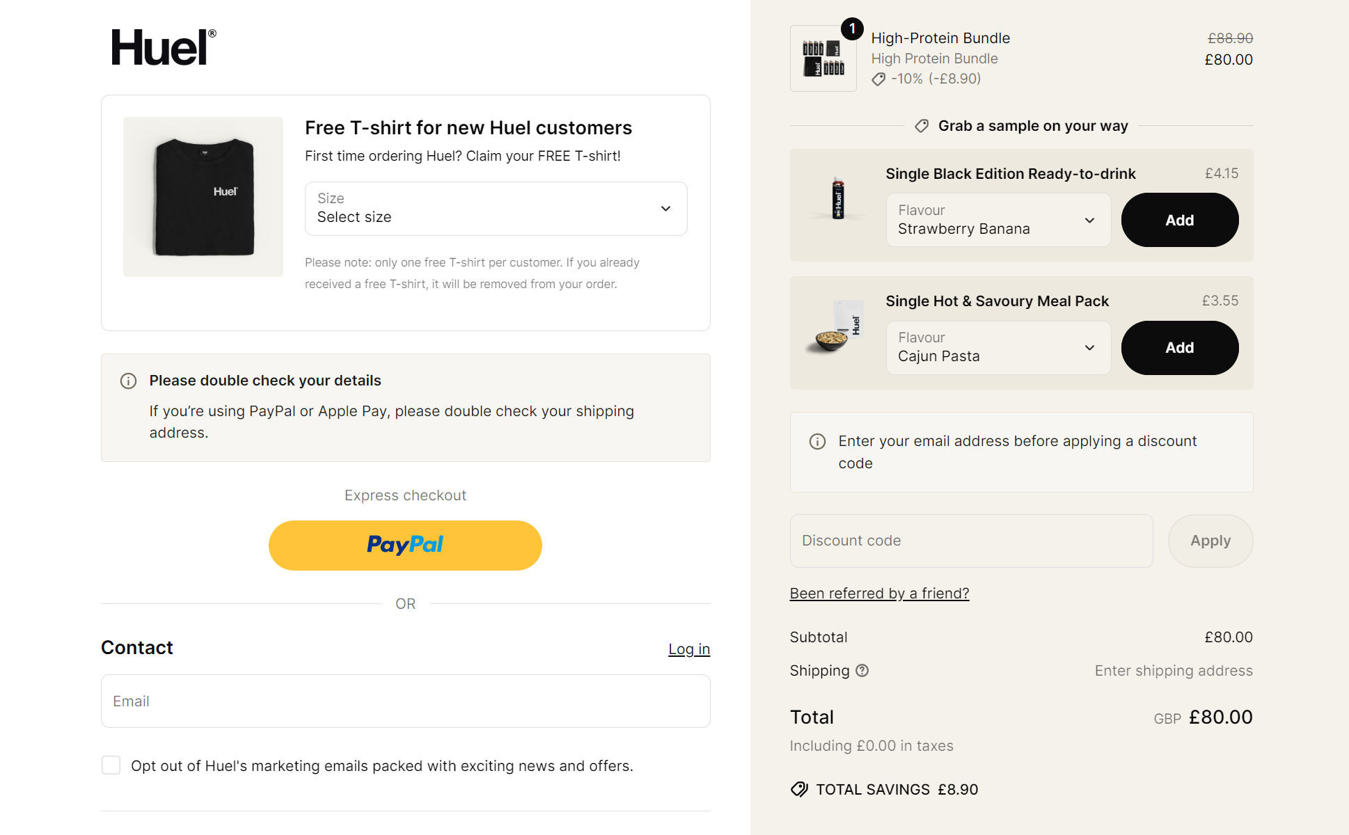 Shopify checkout: A checkout page for Huel shows a free T-shirt offer, contact and delivery details, a PayPal express checkout button, and an order summary with product flavors, prices, and a total of £80.