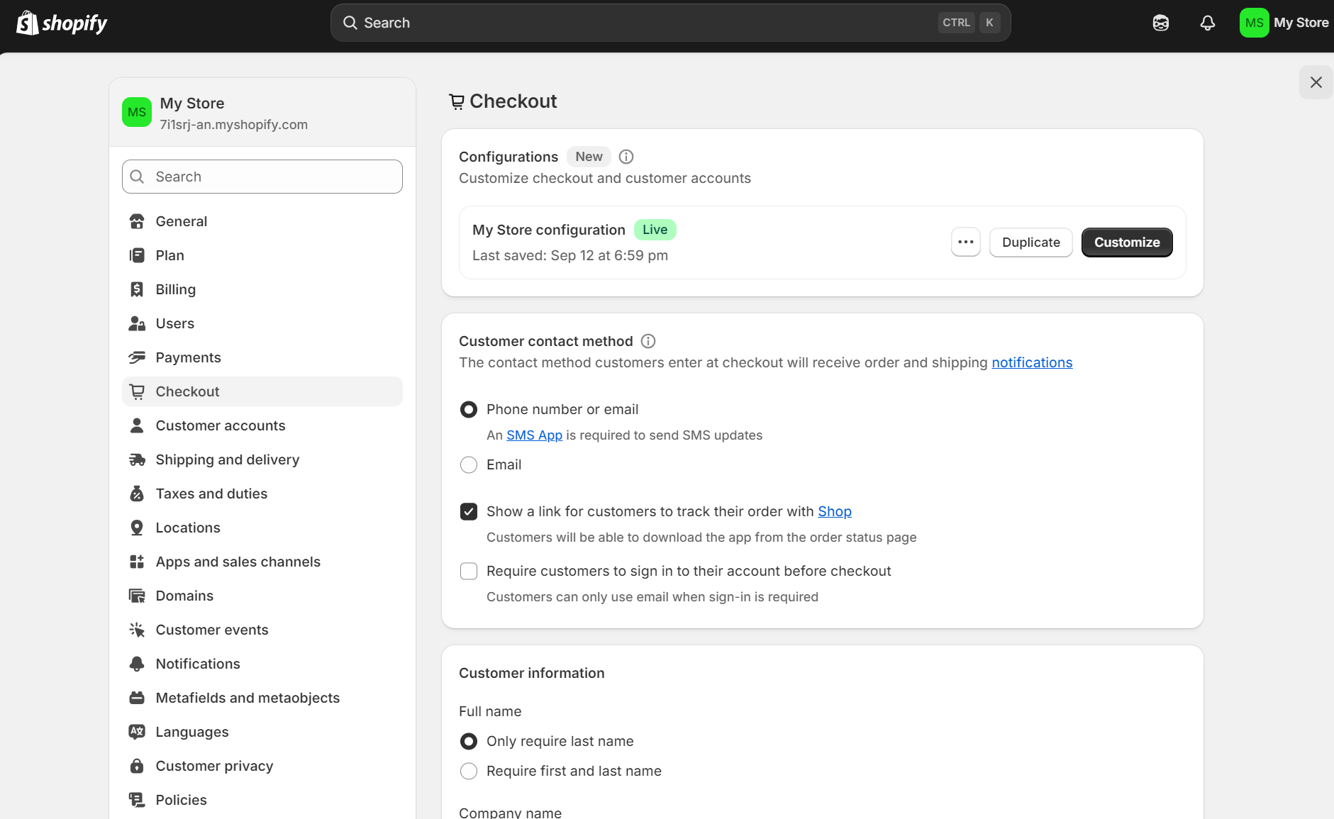 shopify for services: admin dashboard showing settings for checkout configuration like customer contact method, customer information, and more