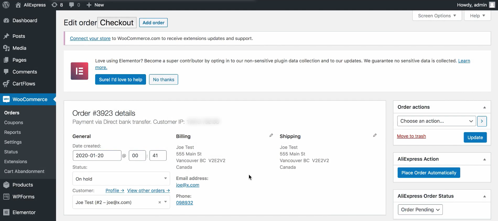 WooCommerce order view with AliExpress automation - manage, update, and place orders seamlessly