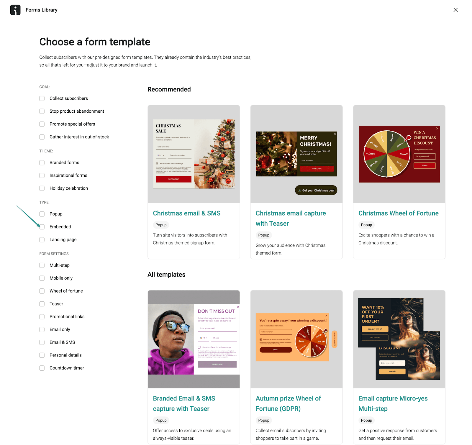 Omnisend forms library showing popup email capture templates and filters for newsletter signup forms