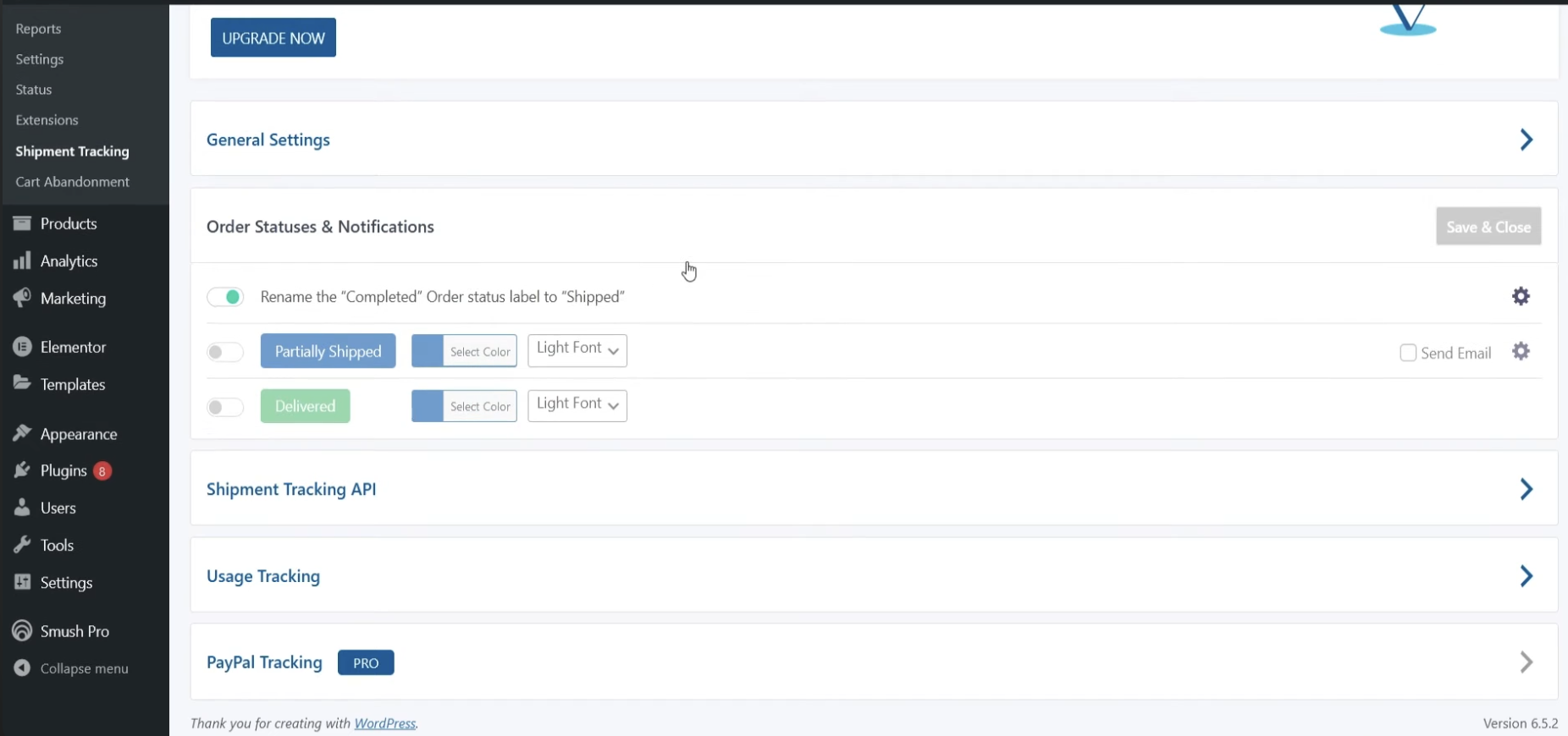 WooCommerce shipment tracking: A dashboard interface displays order status and notification settings, showing three status options—Shipped, Out for Delivery, and Delivered—each with color and font customization buttons. Menu options are on the left sidebar.