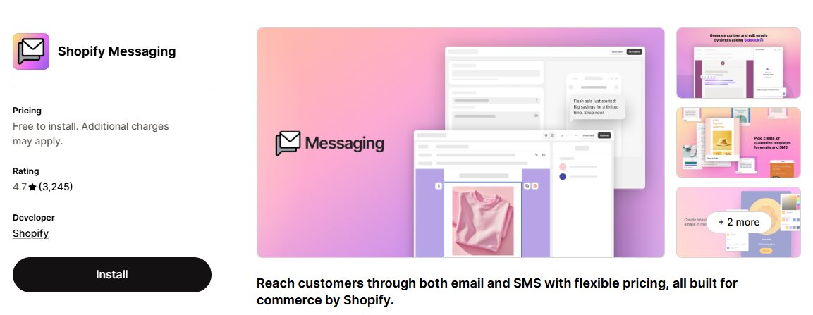 Shopify email setup: A Shopify Messaging app page shows a messaging icon, app details, and preview images of email and SMS marketing tools on pink and purple backgrounds, with an Install button and a 4.7-star rating.