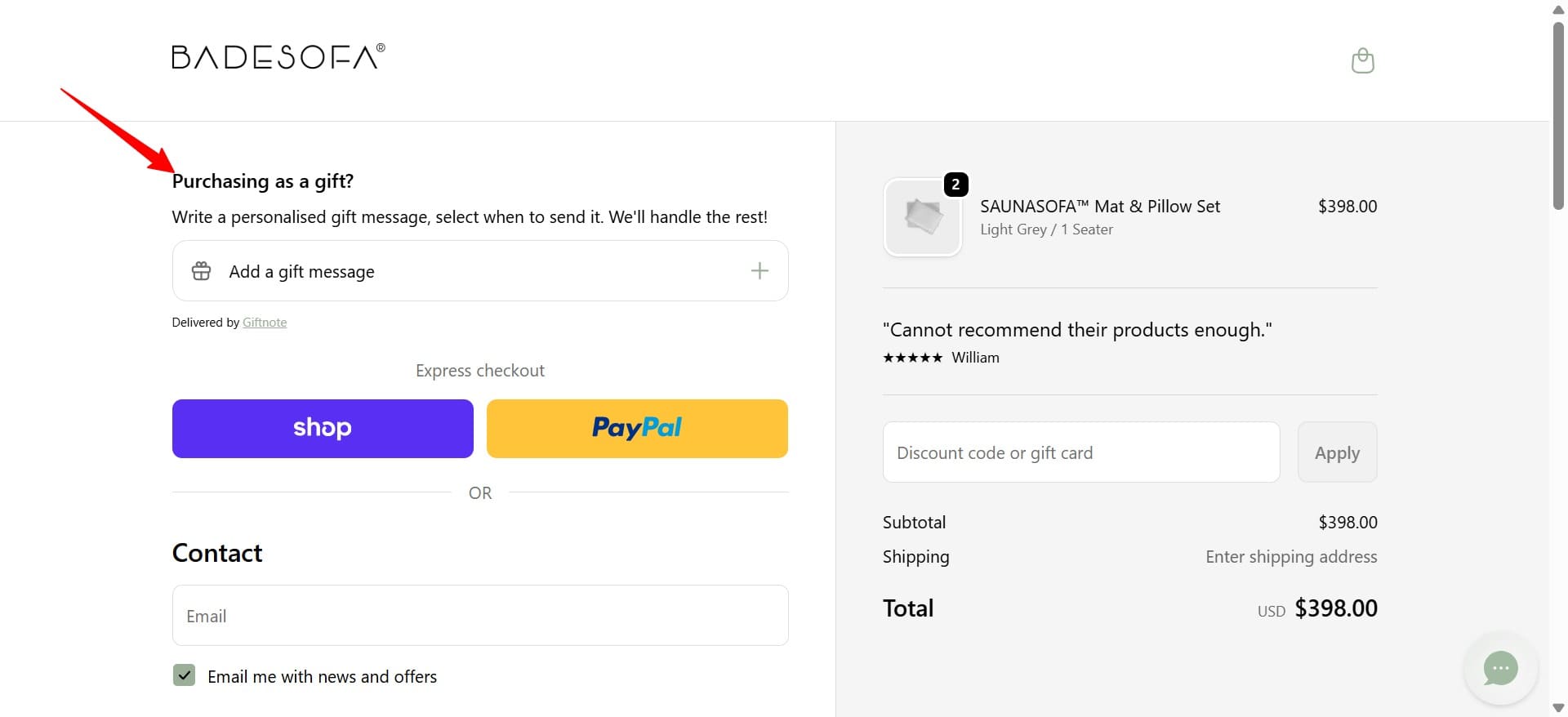 Shopify checkout: Checkout page for BADESOFA. An option to purchase as a gift is highlighted, allowing users to add a gift message. The cart shows a SAUNASOFA set for $398.00 and options to pay via shop or PayPal.