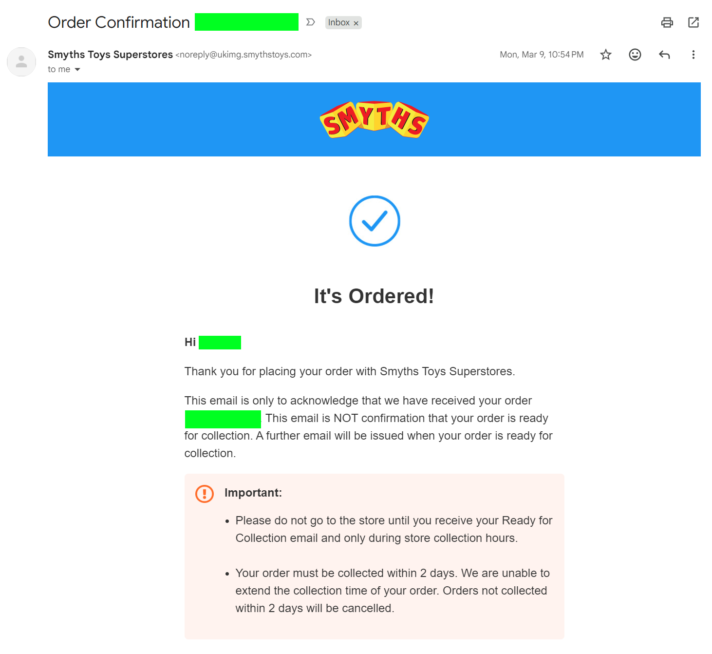 Noreply emails: Screenshot of an order confirmation email from Smyths Toys Superstores, confirming receipt of an order with a large checkmark and reminder not to visit the store until the “Ready for Collection” email is received.