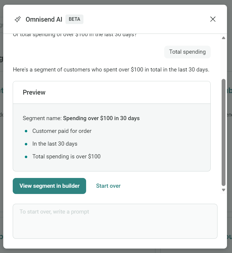Email goes to spam: A screenshot of an Omnisend AI interface shows a segment preview for Spending over $100 in 30 days, listing conditions: customer paid for order, within the last 30 days, total spending is over $100.
