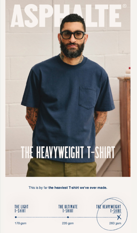 Fashion email marketing: A man with glasses and tattoos wears a navy heavyweight T-shirt, standing against a white wall. Text highlights that it’s the heaviest T-shirt made by Asphalte, weighing 260 gsm compared to lighter options.