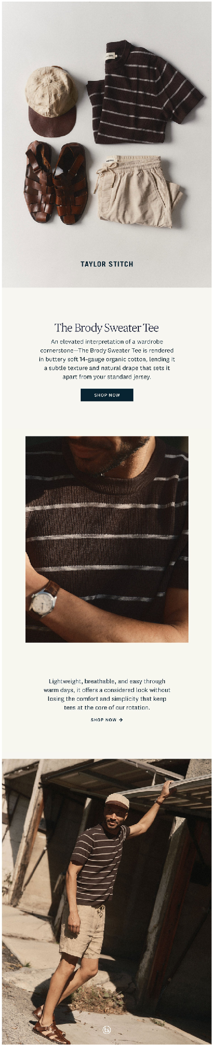 Fashion email marketing: Flat lay of a striped brown sweater tee, sandals, cap, and shorts; close-up of a person wearing the tee; man outdoors wearing the same outfit, hand resting above his head.