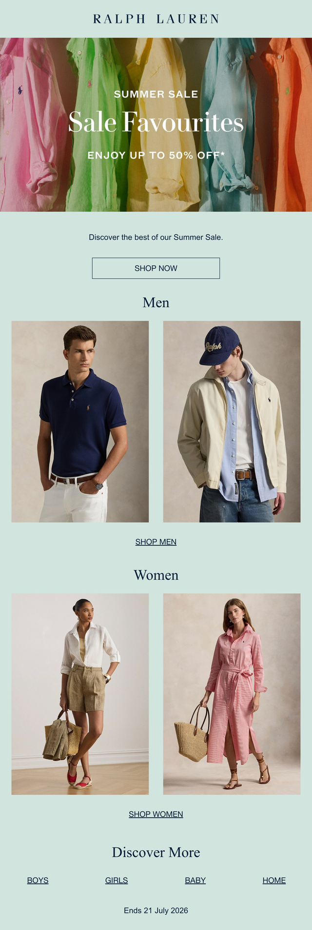 Fashion email marketing: Ralph Lauren sale ad with colorful shirts, Sale Favourites text, and models in summer outfits—two men at top, two women below. Blue, beige, and pink tones; navigation links for boys, girls, and baby.