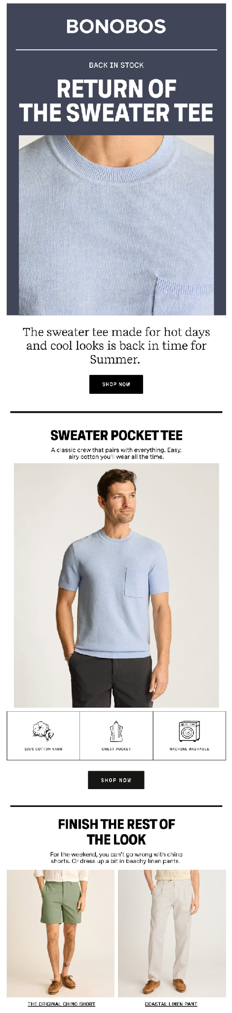 Fashion email marketing: A promotional ad for Bonobos featuring the Return of the Sweater Tee, showing a close-up of the fabric, a man wearing a light blue sweater tee, and outfit suggestions with shorts and linen pants.